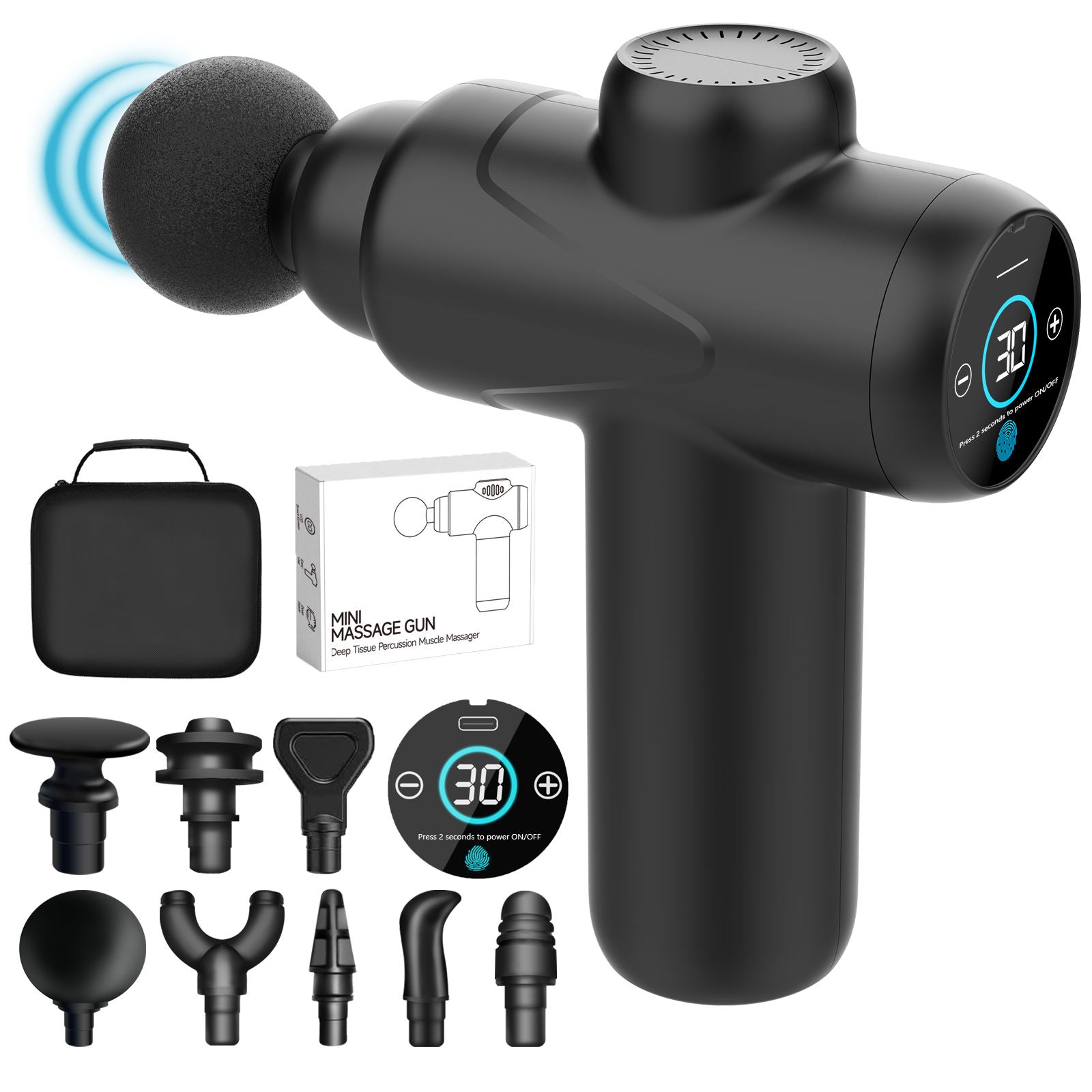 Phenitech Touch Screen Mini Gun Massage 4 Heads Rechargeable Long Battery Deep Tissues Muscle Relaxation With 30 Speed Level