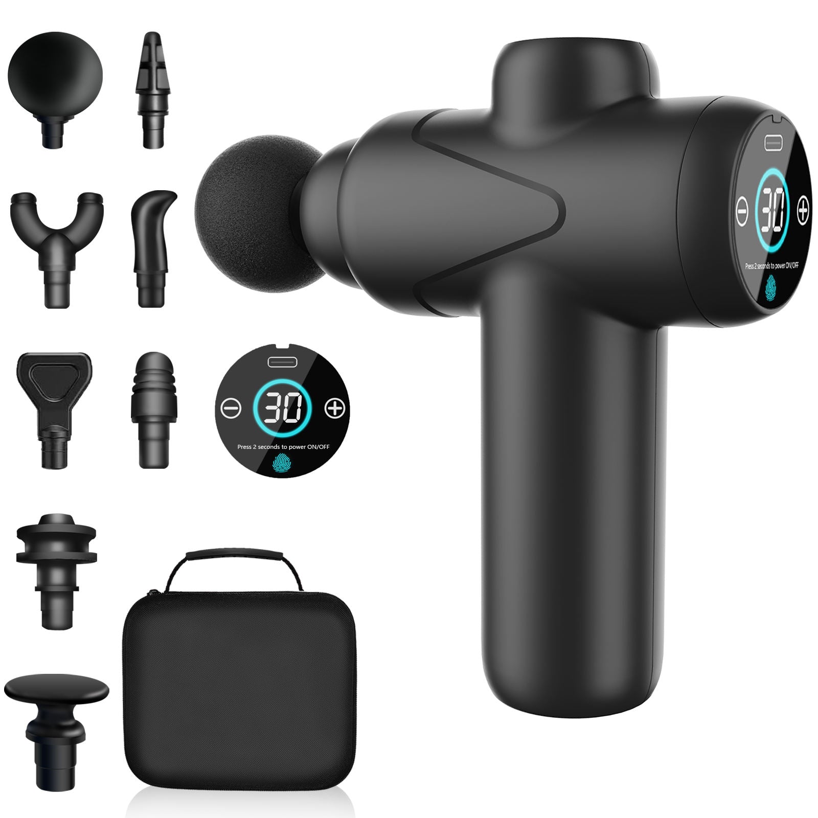 Phenitech Touch Screen Mini Gun Massage 4 Heads Rechargeable Long Battery Deep Tissues Muscle Relaxation With 30 Speed Level