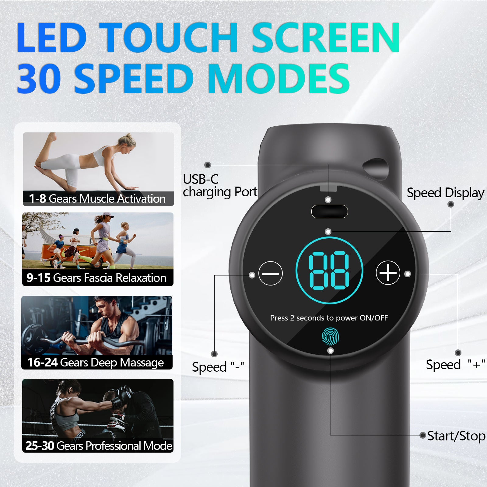 Phenitech Touch Screen Mini Gun Massage 4 Heads Rechargeable Long Battery Deep Tissues Muscle Relaxation With 30 Speed Level